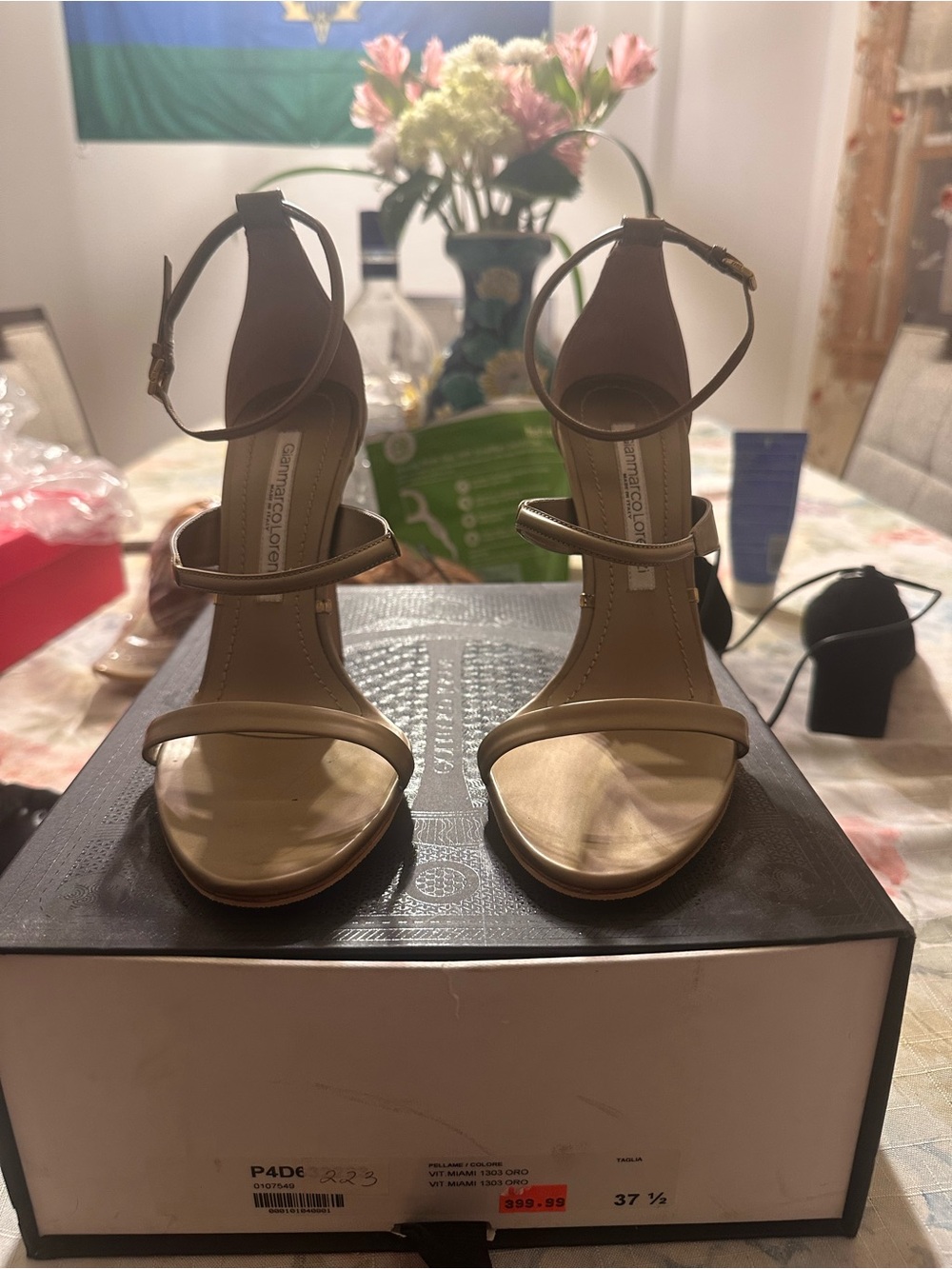 Gianmarco Lorenzi Gold Strappy Ankle‑Wrap Heels